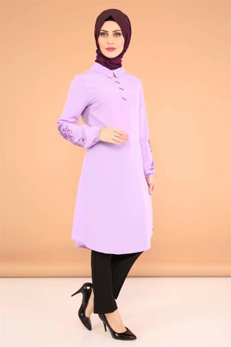 3 'Lü Kombin(Tunik,pantolon,şal)-6075Lila - Thumbnail