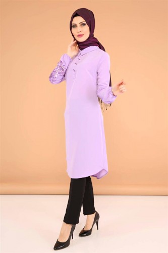 3 'Lü Kombin(Tunik,pantolon,şal)-6075Lila - Thumbnail