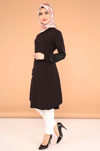 3 'Lü Kombin(Tunik,pantolon,şal)-6075Siyah - Thumbnail