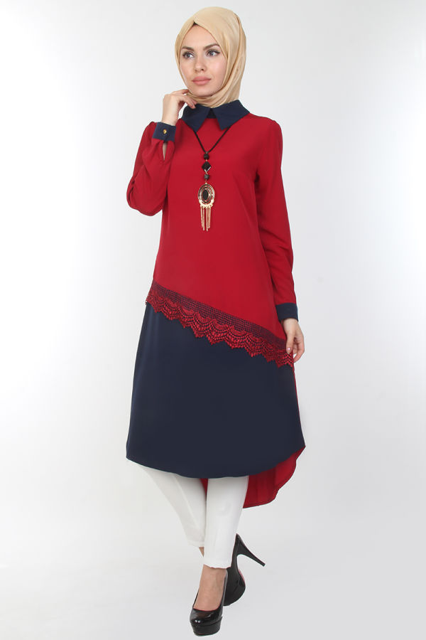 4'lü İki Renk Kombin (Tunik,pantolon,şal,kolye)-0539Bordo