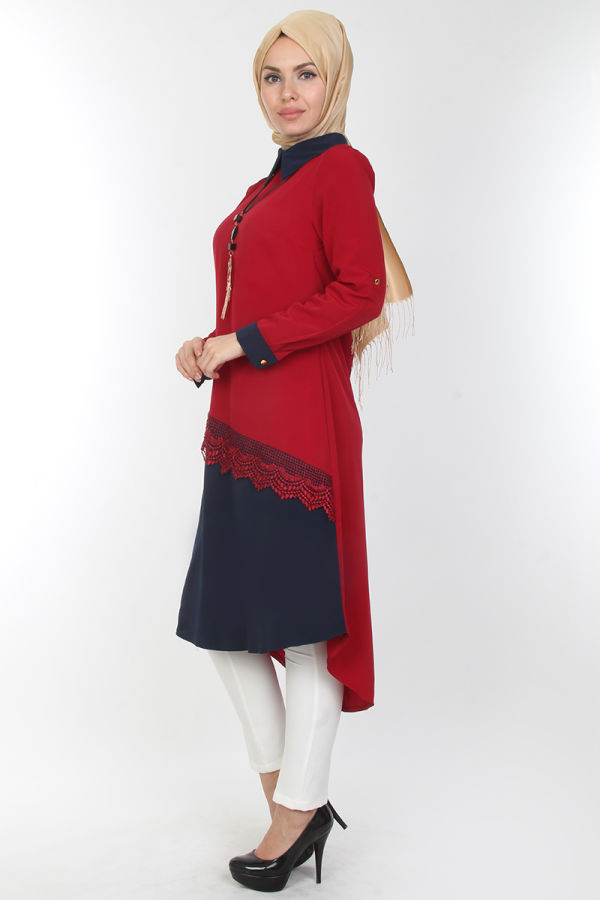 4'lü İki Renk Kombin (Tunik,pantolon,şal,kolye)-0539Bordo