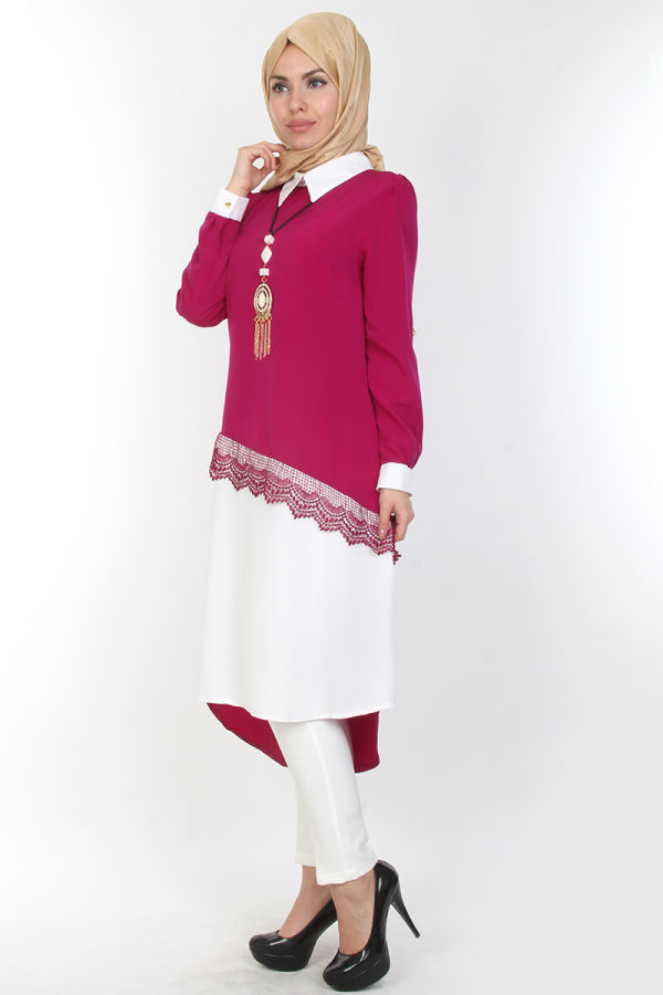 4'lü İki Renk Kombin (Tunik,pantolon,şal,kolye)-0539Fuşya