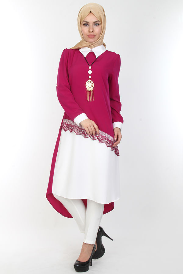 4'lü İki Renk Kombin (Tunik,pantolon,şal,kolye)-0539Fuşya