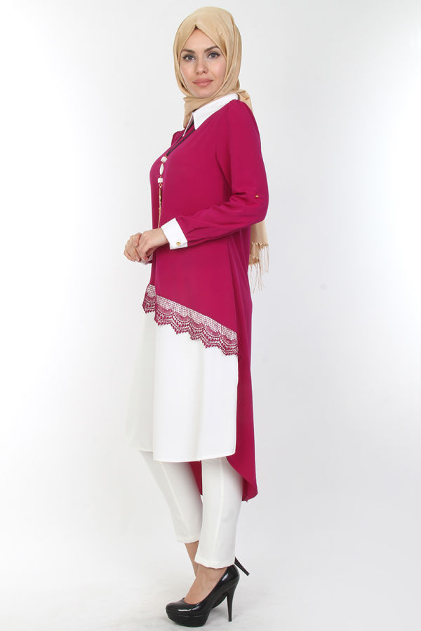 4'lü İki Renk Kombin (Tunik,pantolon,şal,kolye)-0539Fuşya