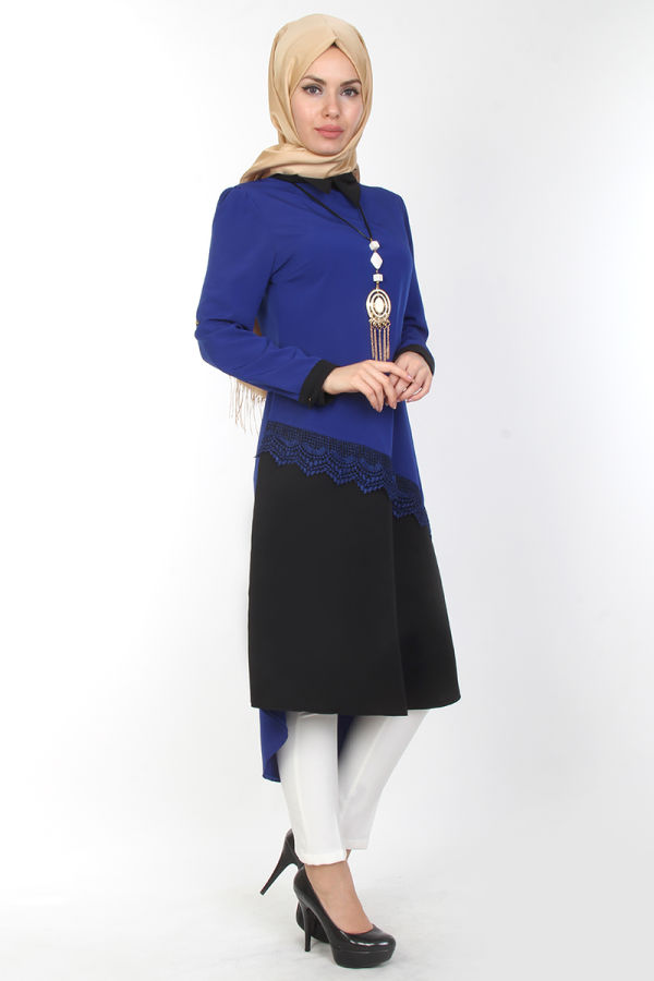 4'lü İki Renk Kombin (Tunik,pantolon,şal,kolye)-0539Saks