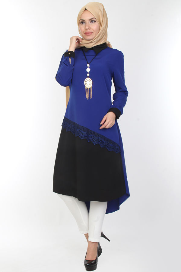 4'lü İki Renk Kombin (Tunik,pantolon,şal,kolye)-0539Saks