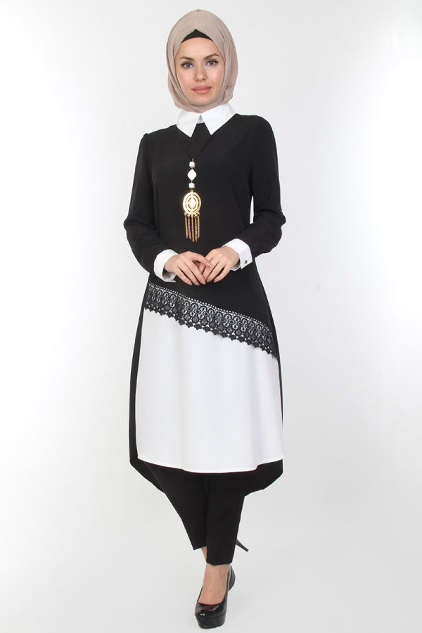4'lü İki Renk Kombin (Tunik,pantolon,şal,kolye)-0539Siyah