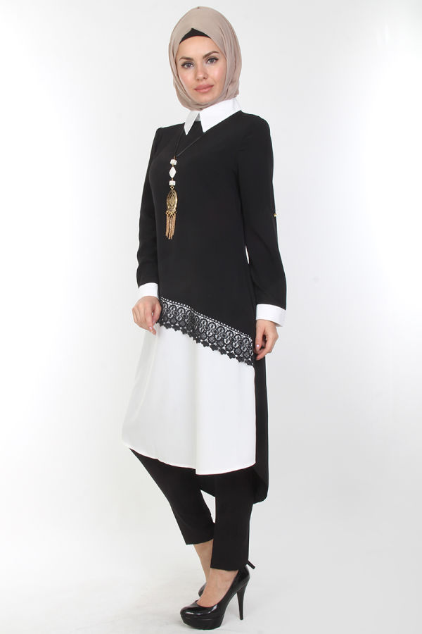 4'lü İki Renk Kombin (Tunik,pantolon,şal,kolye)-0539Siyah