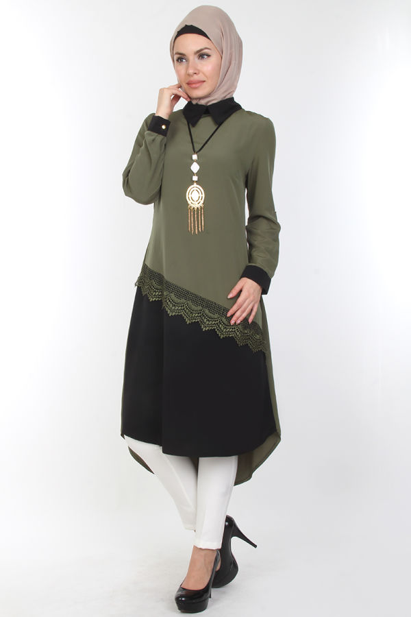 4'lü İki Renk Kombin (Tunik,pantolon,şal,kolye)-0539Yeşil