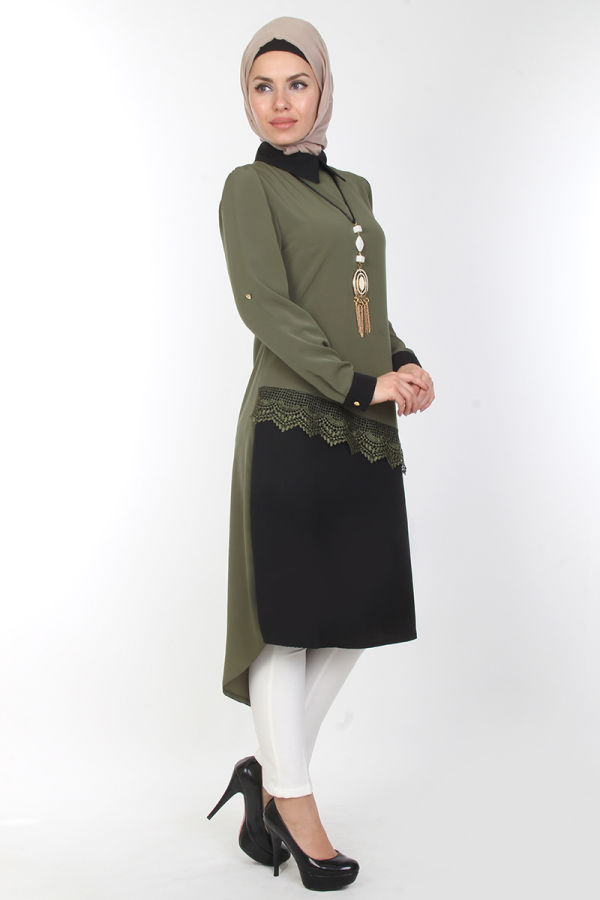 4'lü İki Renk Kombin (Tunik,pantolon,şal,kolye)-0539Yeşil