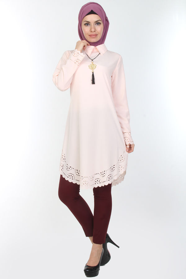 4'lü Kombin (Tunik,pantolon,şal,kolye)-0538Pudra