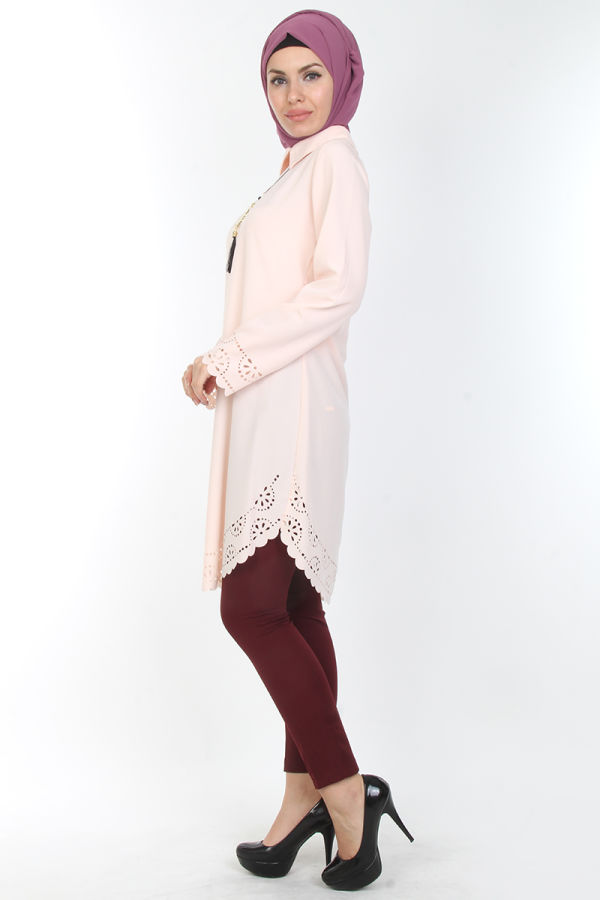 4'lü Kombin (Tunik,pantolon,şal,kolye)-0538Pudra