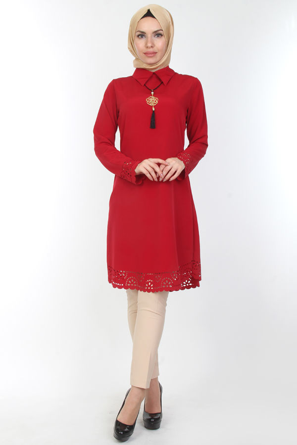 4'lü Kombin (Tunik,pantolon,şal,kolye)-Bordo0538