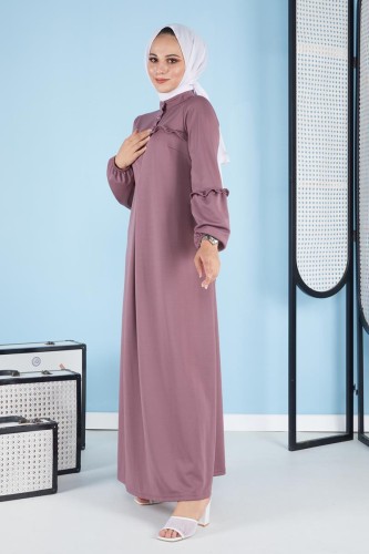 A Pile Fırfır Detaylı Tesettür Elbise-3091 Gülkurusu - Thumbnail