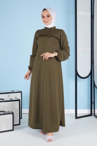 A Pile Fırfır Detaylı Tesettür Elbise-3091 Hakiyeşil - Thumbnail