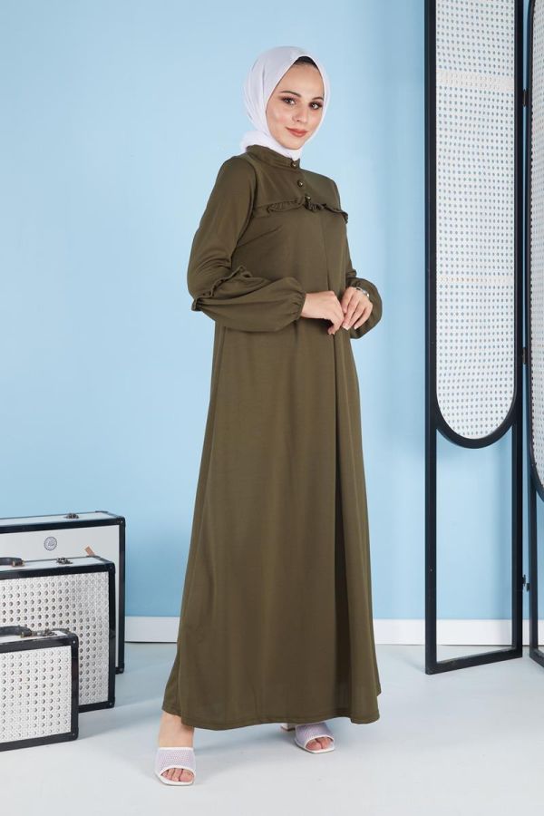 A Pile Fırfır Detaylı Tesettür Elbise-3091 Hakiyeşil