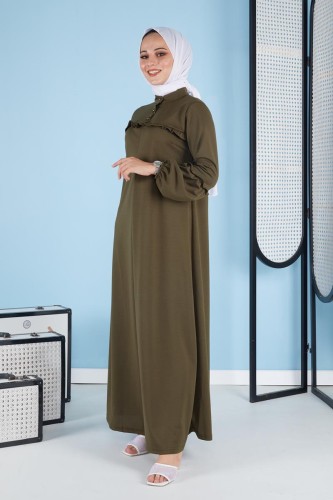 A Pile Fırfır Detaylı Tesettür Elbise-3091 Hakiyeşil - Thumbnail