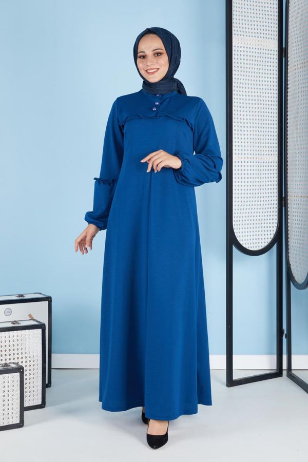 A Pile Fırfır Detaylı Tesettür Elbise-3091 Mavi