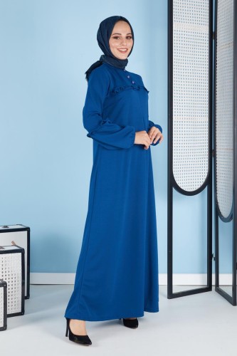 A Pile Fırfır Detaylı Tesettür Elbise-3091 Mavi - Thumbnail