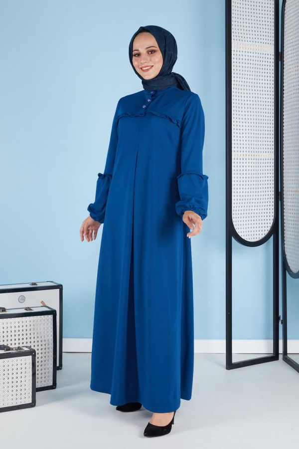 A Pile Fırfır Detaylı Tesettür Elbise-3091 Mavi