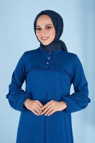 A Pile Fırfır Detaylı Tesettür Elbise-3091 Mavi - Thumbnail