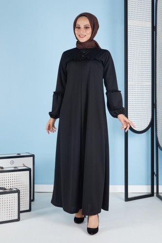 A Pile Fırfır Detaylı Tesettür Elbise-3091 Siyah - Thumbnail