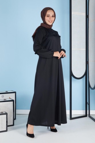 A Pile Fırfır Detaylı Tesettür Elbise-3091 Siyah - Thumbnail