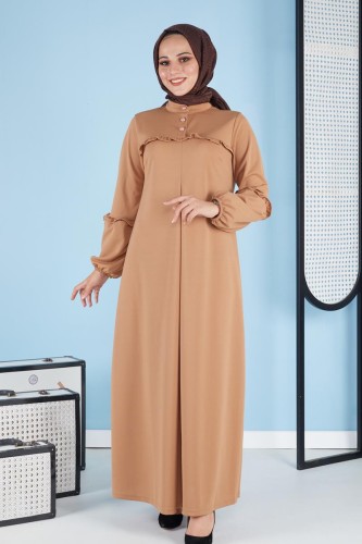 A Pile Fırfır Detaylı Tesettür Elbise-3091 Vizon - Thumbnail