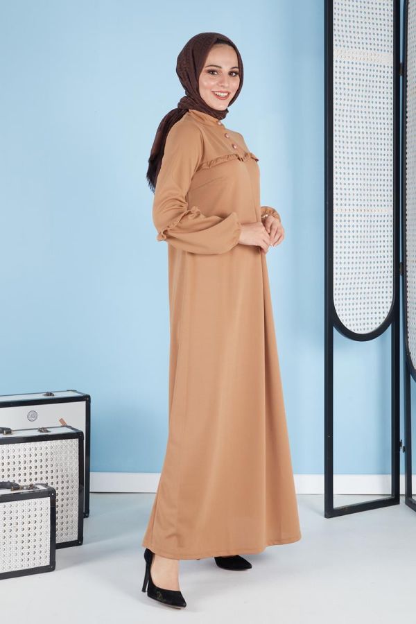 A Pile Fırfır Detaylı Tesettür Elbise-3091 Vizon