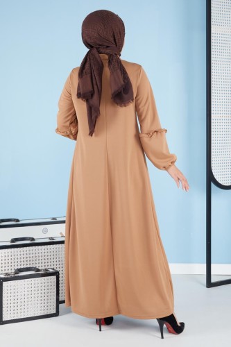 A Pile Fırfır Detaylı Tesettür Elbise-3091 Vizon - Thumbnail