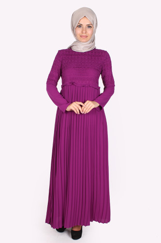 Alya Pileli Elbise-1756Mor - Thumbnail