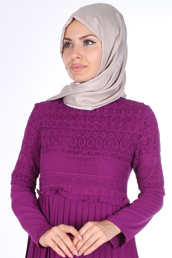 Alya Pileli Elbise-1756Mor
