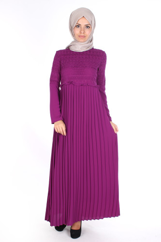 Alya Pileli Elbise-1756Mor - Thumbnail