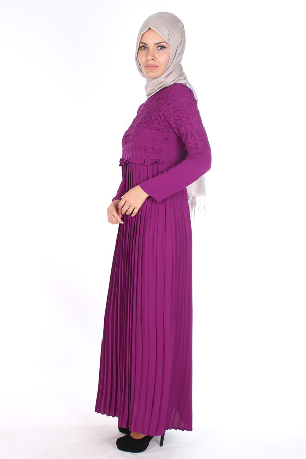 Alya Pileli Elbise-1756Mor