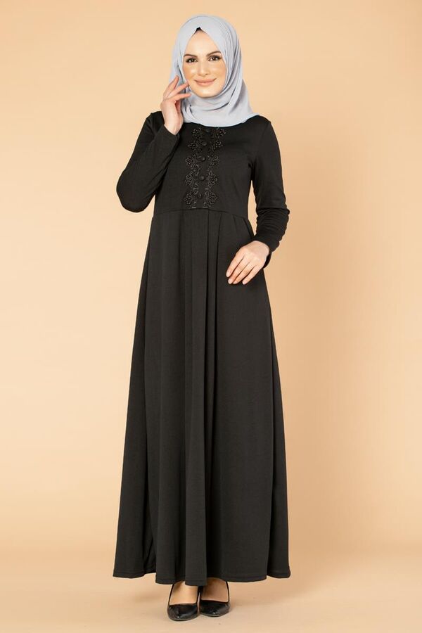 Baskı Düğme Detaylı Tesettür Elbise-1731 Siyah