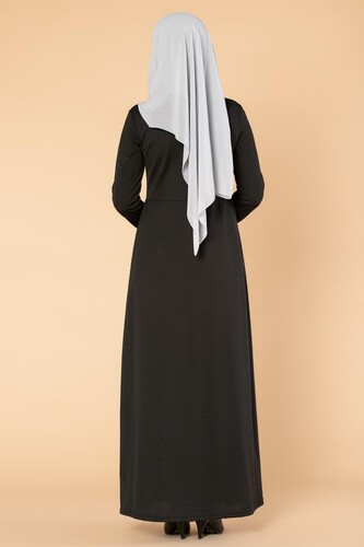 Baskı Düğme Detaylı Tesettür Elbise-1731 Siyah - Thumbnail