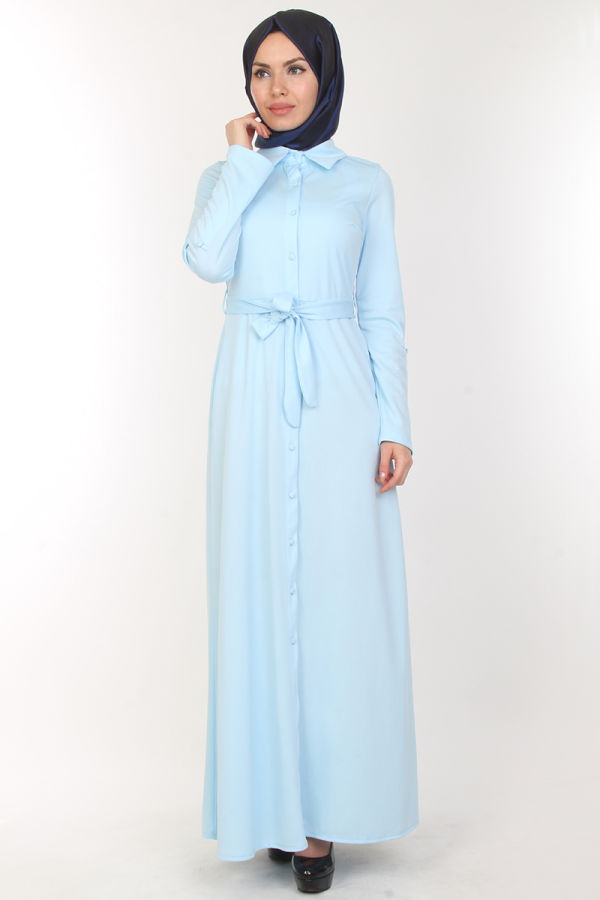 Baskı Düğmeli Elbise-00154Bebe mavisi