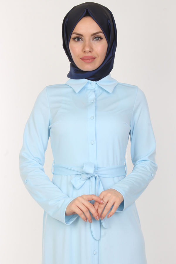 Baskı Düğmeli Elbise-00154Bebe mavisi