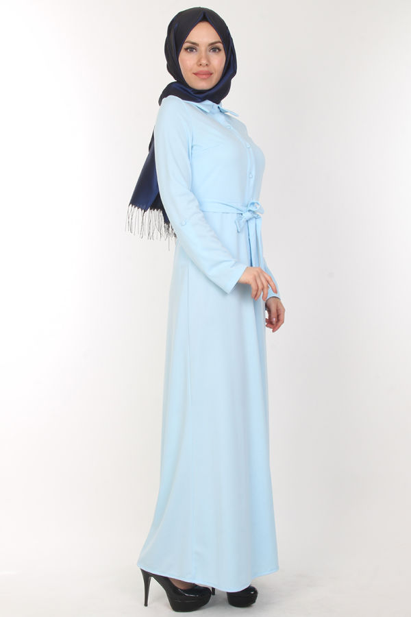 Baskı Düğmeli Elbise-00154Bebe mavisi