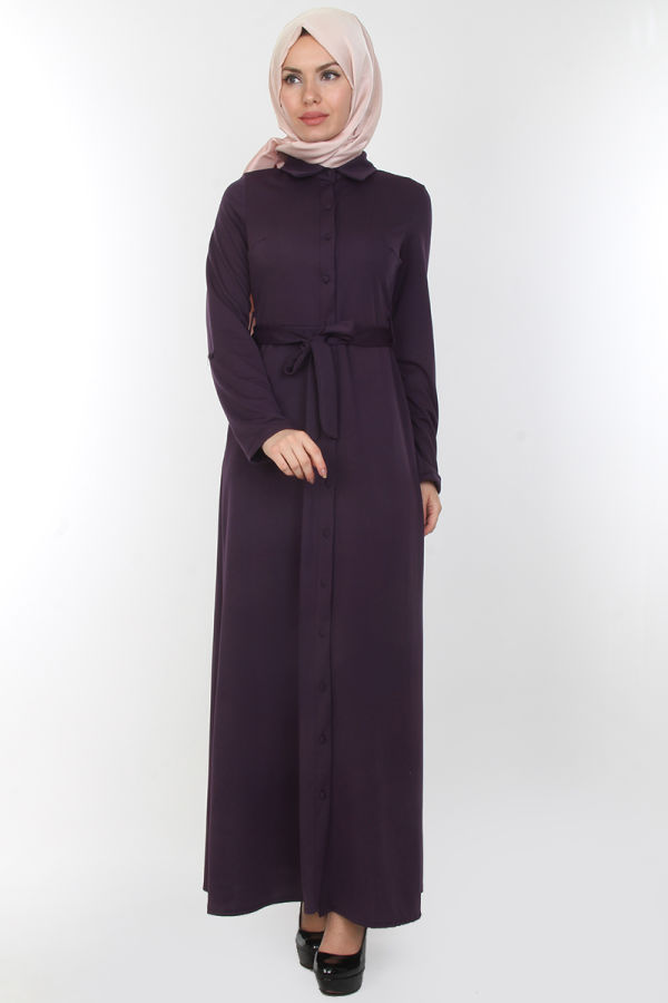 Baskı Düğmeli Elbise-00154Mor