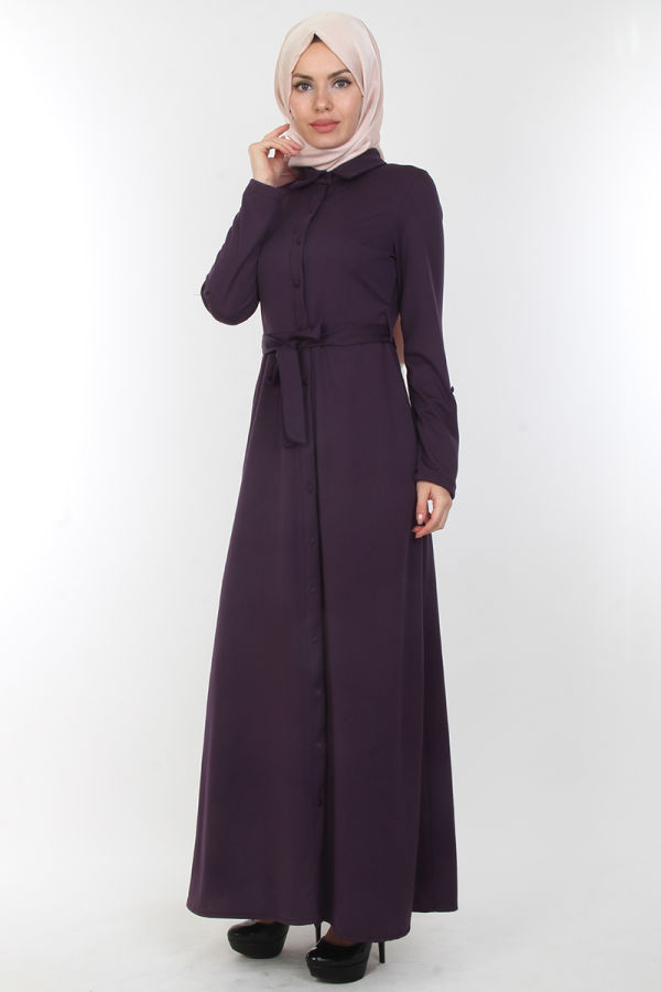 Baskı Düğmeli Elbise-00154Mor