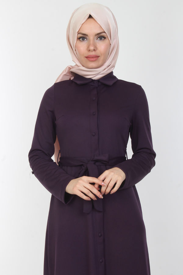 Baskı Düğmeli Elbise-00154Mor