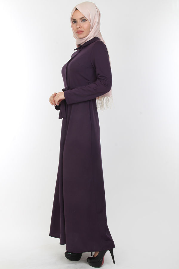 Baskı Düğmeli Elbise-00154Mor