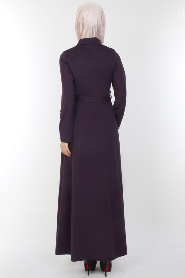 Baskı Düğmeli Elbise-00154Mor