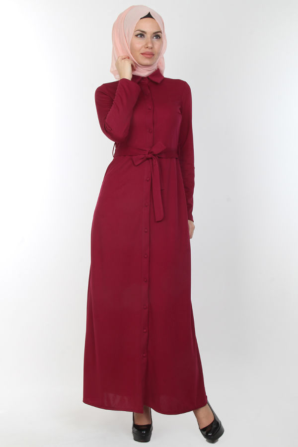 Baskı Düğmeli Elbise-00154Mürdüm