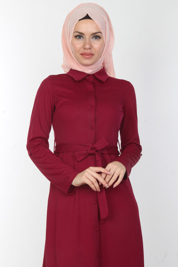Baskı Düğmeli Elbise-00154Mürdüm