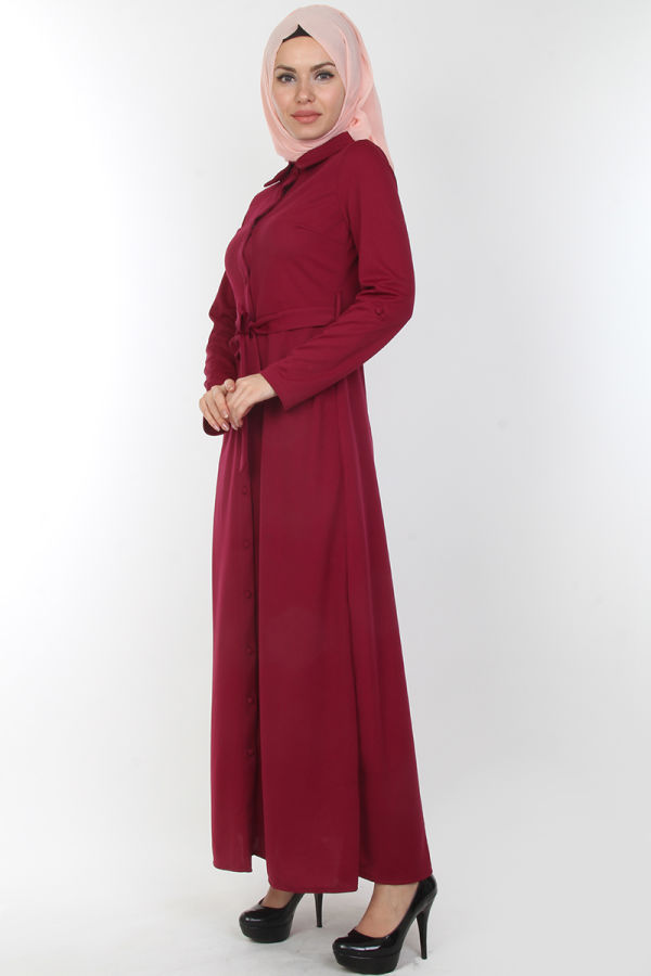 Baskı Düğmeli Elbise-00154Mürdüm