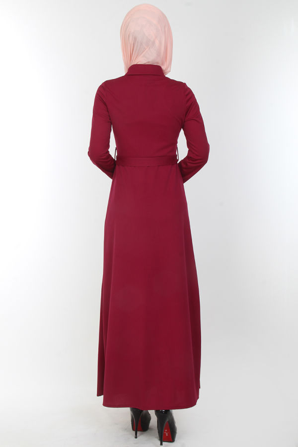 Baskı Düğmeli Elbise-00154Mürdüm