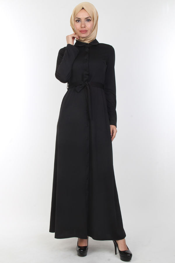 Baskı Düğmeli Elbise-00154Siyah