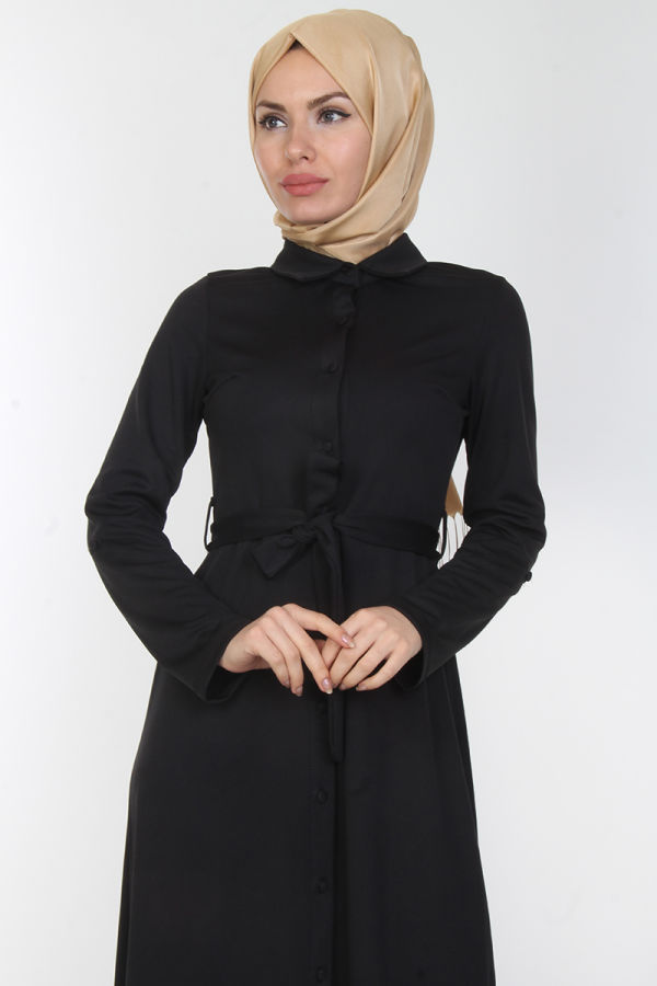 Baskı Düğmeli Elbise-00154Siyah